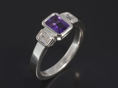 Trilogy Design Ring, Rub Over in Silver with Emerald Cut Purple Sapphire 1.06ct and Emerald Cut Side Diamonds 0.4ct (2) FVS
