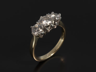 Ladies Trilogy Diamond Engagement Ring, 18kt Yellow Gold and Platinum Claw Set Design, Round Brilliant Cut Diamonds 0.80ct, 0.50ct, 0.52ct, H Colour, SI Clarity