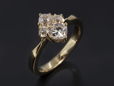 Ladies Diamond Engagement Ring, 18kt Yellow Gold Claw Set Cluster Design, Cushion Cut and Old Miner Cut Diamonds