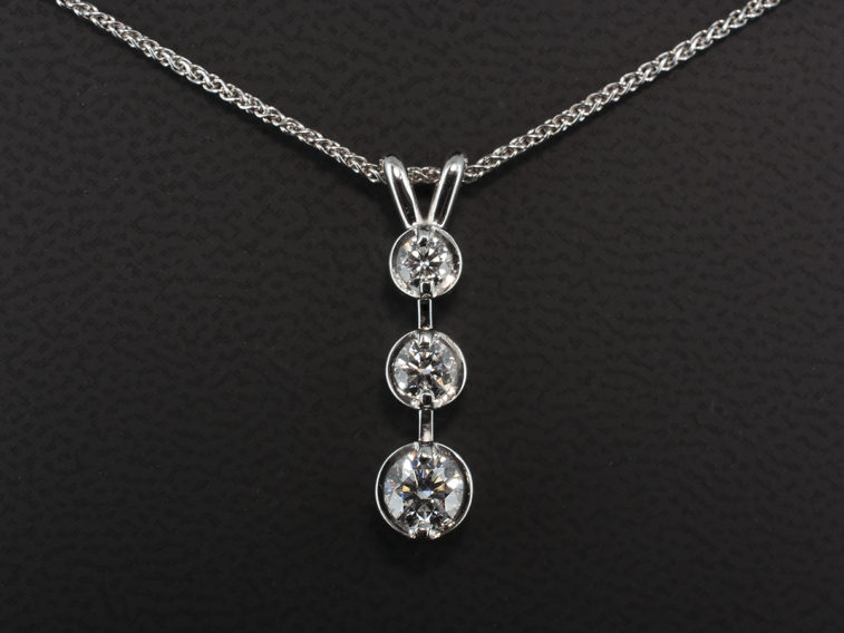 18kt White Gold Claw Set Trilogy Diamond Drop Pendant, Round Brilliant Cut Diamonds x3, 0.32ct E Colour SI2 Quality ExExEx, 0.15ct and 0.10ct F Colour SI Quality on a Spiga Chain
