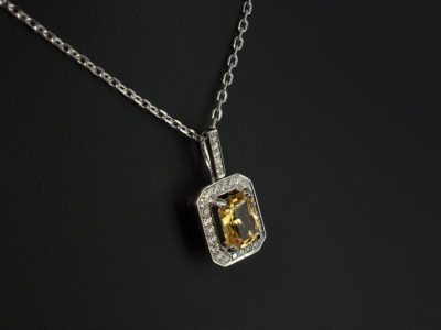 18kt White Gold Pave and Claw Set Sapphire and Diamond Pendant, Radiant Cut Yellow Sapphire 1.58ct, Pave Set Diamond Halo and Bale