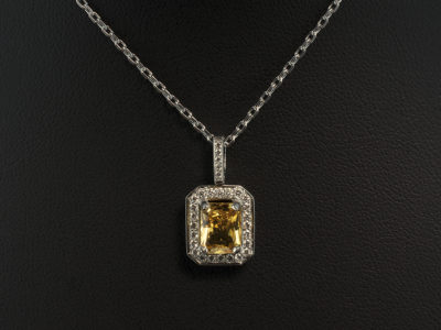 18kt White Gold Pave and Claw Set Sapphire and Diamond Pendant, Radiant Cut Yellow Sapphire 1.58ct, Pave Set Diamond Halo and Bale