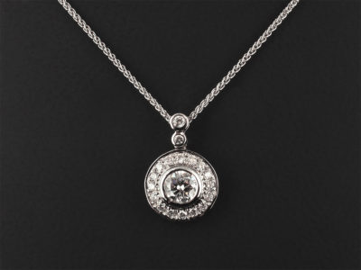 18kt White Gold Rub over Design Diamond Pendant, Round Brilliant Cut Diamond 0.50ct & Pavé Set Round Brilliant Cut Diamond Halo 0.29ct (18)