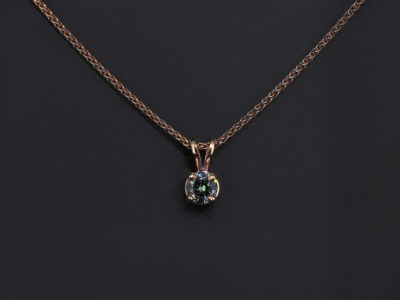 9kt Rose Gold Claw Set Coloured Diamond Solitaire Pendant, Round Brilliant Cut Blue Diamond, 0.37ct, Split Bale Design on a Spiga Chain