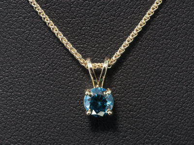 9kt Yellow Gold 4 Claw Set Coloured Diamond Solitaire Pendant, Round Brilliant Cut Blue Treated Diamond 0.50ct, Split Bale Detail on Spiga Chain