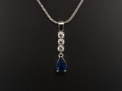 9kt White Gold Claw Set Sapphire and Diamond Drop Pendant, Pear Cut Sapphire 1.05ct with Round Brilliant Cut Diamonds 0.45ct Total F Colour VS Clarity