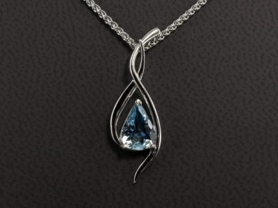 Platinum 3 Claw Set Aquamarine Swirl Design Pendant, Pear Shaped Aquamarine 0.66ct on a Platinum Spiga Chain