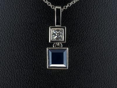 Palladium Rub over Set Sapphire and Diamond Drop Pendant, Princess Cut Sapphire 1.17ct with Princess Cut Diamond 0.26ct F VS