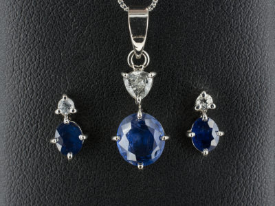 18kt White Gold Drop Design Sapphire and Diamond Earring and Pendant Set