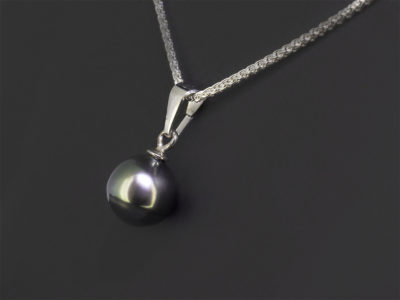 Sterling Silver Pearl Drop Pendant, 9mm Tahitian Pearl, Solid Silver Bale on Sterling Silver Spiga Chain