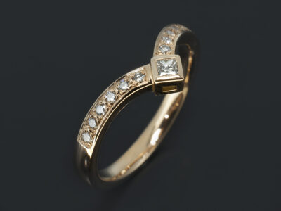 Ladies Diamond Wishbone Shape Wedding Ring,18kt Rose Gold, Rub over Princess Cut Diamond with Round Brilliant Cut Pavé Set Diamonds