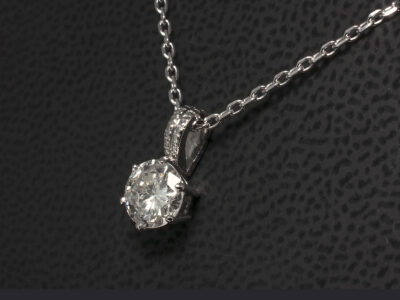 18kt White Gold Solitaire Diamond Pendant, Round Brilliant Cut Diamond, H I Colour, I Clarity, Millgrain bale with angled filed trace chain