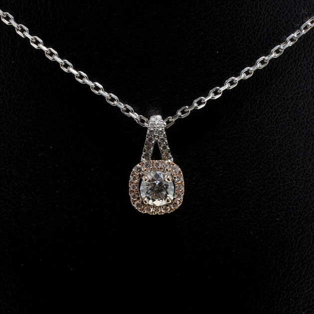 Ladies Lab Grown Diamond Pendant, 18kt White & Rose Gold Design with Claw Set Centre Stone and Diamond Halo & bale, 18kt White Gold Angled Filed Trace Chain, 18 Inch