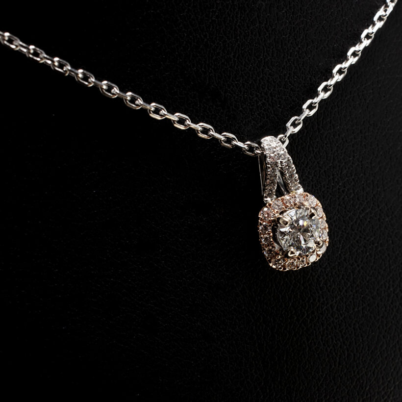 Ladies Lab Grown Diamond Pendant, 18kt White & Rose Gold Design with Claw Set Centre Stone and Diamond Halo & bale, 18kt White Gold Angled Filed Trace Chain, 18 Inch