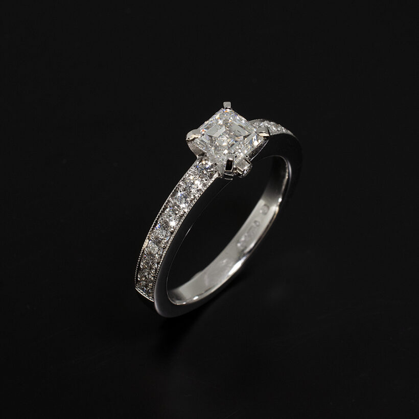 Ladies Diamond Engagement Ring, Claw and Pavé Set Platinum Design, Asscher Cut Diamond 0.71ct, D Colour, VS2 Clarity, Round Brilliant Cut Diamond Shoulders 0.30ct Total with Millgrain Detail