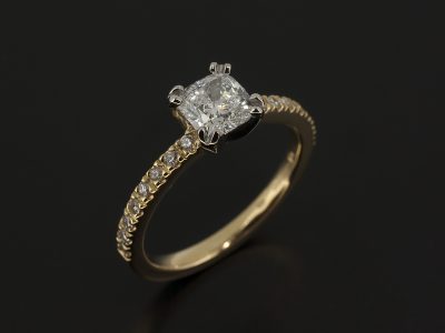 Ladies Diamond Engagement Ring, Platinum 4 Claw Set and 18kt Yellow Gold Design, Cushion Cut Diamond Centre Stone 0.74ct E Colour VS1 Clarity EXEX, Round Brilliant Cut Diamond Shoulders