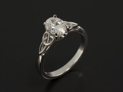 Ladies Solitaire Diamond Engagement Ring, Platinum 4 Claw and Triquetra Design, Oval Cut Lab Grown Diamond 0.92ct, E Colour, VS2 Clarity