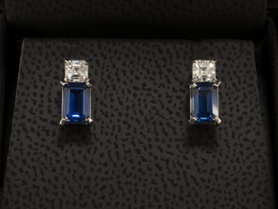 Platinum Claw Set Sapphire and Diamond Stud Earrings, Emerald Cut Sapphires 1.38ct and Asscher Cut Diamonds 0.45ct F Colour VS1 Clarity