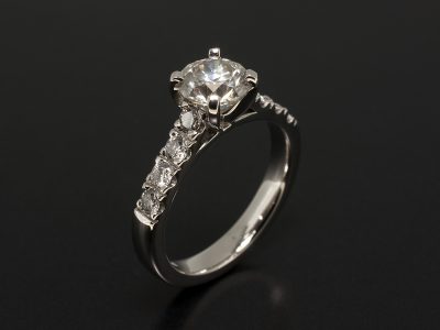 Ladies Diamond Engagement Ring, Platinum Claw and Castle Set Design, Round Brilliant Cut Diamond 1.25ct, I-J Colour, SI2 Clarity, Round Brilliant Cut Diamond Shoulder 0.40ct Total
