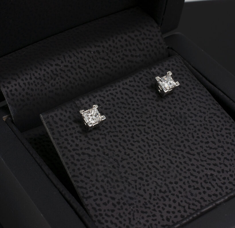Platinum Claw Set Natural Princess Cut Diamond Studs with Alpha Fittings.