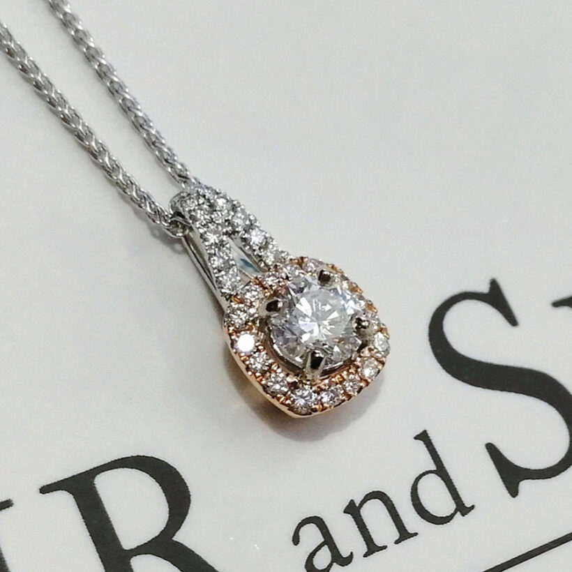 Ladies Lab Grown Diamond Pendant, 18kt White & Rose Gold Design with Claw Set Centre Stone and Diamond Halo & bale, 18kt White Gold Angled Filed Trace Chain, 18 Inch