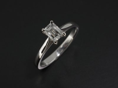 Ladies Solitaire Diamond Engagement Ring, Platinum 4 Claw Set Design with Gapped Shoulder Detail, Emerald Cut Diamond 0.51ct