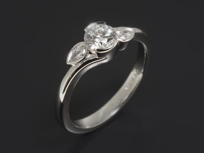 Ladies Trilogy Diamond Engagement Ring, Platinum Rub over Set Twist Design, Round Brilliant Cut Diamond Centre Stone 0.46ct, Pear Shape Diamond Side Stones 0.14ct (2)
