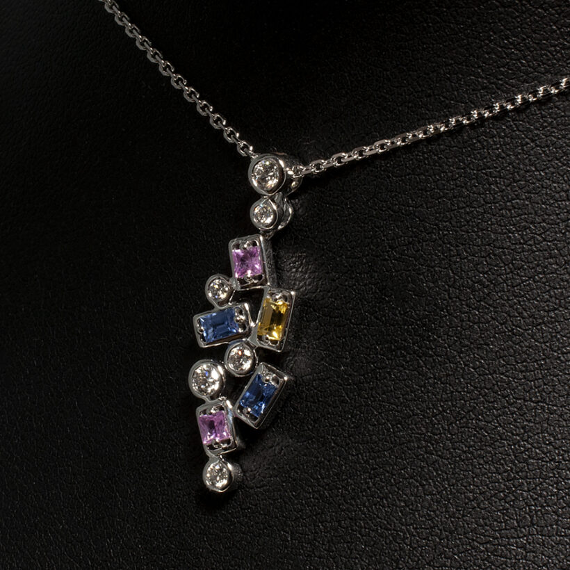 18kt White Gold Rub Over Set Diamond and Multi Coloured Sapphire Pendant