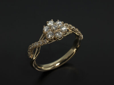 Ladies Cluster Diamond Dress Ring, 14kt Yellow Gold Floral and Twist Design, Round Brilliant Cut Diamonds 0.62ct Total