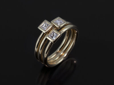 Ladies Diamond Trilogy Design Stacker Ring, 18kt Yellow Gold Rub over Set Princess Cut Diamonds