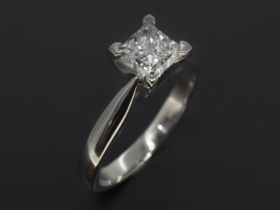 Ladies Solitaire Diamond Engagement Ring, Platinum 4 Claw ‘V’ Shaped Set Design, Princess Cut Diamond 1.20ct, E Colour, SI Clarity, Ex Polish, VG Symmetry, Nil Fluoresence
