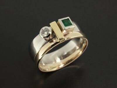 Ladies Diamond and Emerald Dress Ring, Platinum 9kt and 18kt Yellow Gold Rub over Set Contemporary Geometric Design, Round Brilliant Cut Diamond 0.10ct, Square Emerald 0.16ct