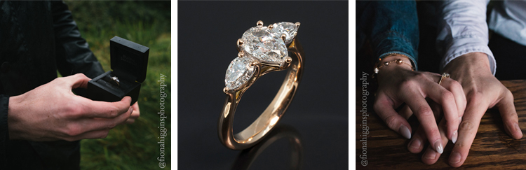 Red gold teamed with a trilogy of pear shaped diamonds were selected for this beautiful engagement ring design