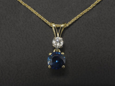 18kt Yellow Gold Claw Set Sapphire and Diamond Pendant, Round Brilliant Cut Sapphire 1.01ct and Diamond 0.20ct F Colour VS Clarity Min, Double Bale Detail