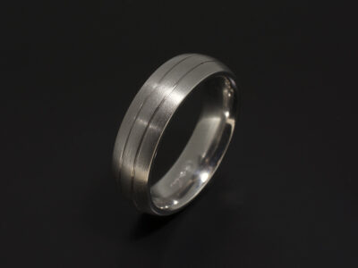 Gent's Court Shaped Wedding Ring in Platinum with Double Grooved Line Detail and Brushed Finish