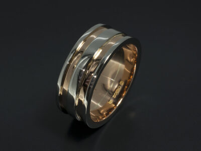 Two Tone Gent's Wedding Ring in Platinum and 18kt Rose Gold with Channelled Detail