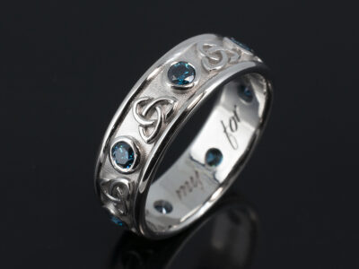 Gents Celtic Design Coloured Diamond Wedding Ring, 18kt White Gold, Rub over Design, Round Brilliant Cut Blue Treated Diamonds, 0.70ct (7), Engraved Inner Band Detail