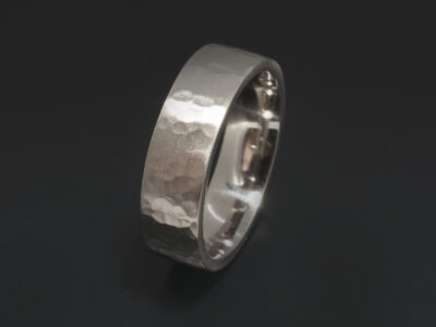 Gents Flat Court Shape Wedding Ring, Platinum with Hammered Finish Detail