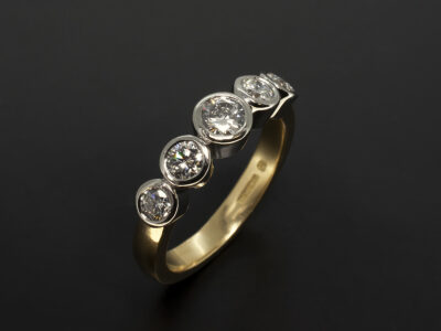 Ladies Diamond Dress Ring, 18kt Yellow and White Gold Five Stone Rub over Set Design, Round Brilliant Cut Diamonds 0.74ct Total
