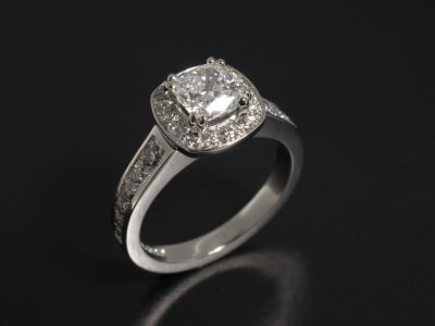 Ladies Diamond Halo Engagement Ring, Platinum Claw and Pavé Set Design, Cushion Cut Lab Grown Diamond 0.93ct E Colour VS1 Clarity, Round Brilliant Cut Diamonds 0.50ct Total, Pavé Set Halo and Shoulders
