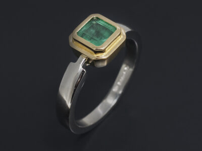 Ladies Emerald Dress Ring, Platinum and 18kt Yellow Gold Rub over Set Design, Asscher Cut Emerald, 1.04ct.