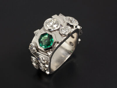 Ladies Emerald and Diamond Dress Ring, Platinum Rub over Set Scatter Design with Square Profile Detail, Octagonal Emerald 0.61ct and Round Brilliant Cut Diamonds 2.87ct Total