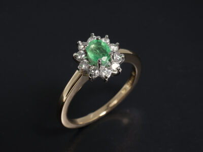 Ladies Emerald and Diamond Dress Ring, Platinum and 18kt Yellow Gold Cluster Design, Oval Cut Emerald 0.35ct, Round Brilliant Cut Diamonds 0.31ct Total