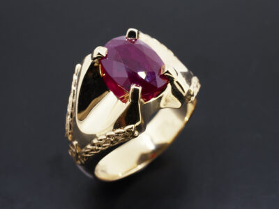 Ladies Ruby Dress Ring, 18kt Yellow Gold Claw Set Design, Oval Cut Ruby 4.57ct with Celtic Signet Detail
