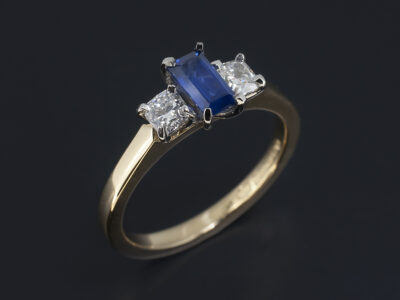 Ladies Sapphire & Diamond Trilogy Ring, 18kt Yellow Gold, Baguette Cut Sapphire 0.50ct, Cushion Cut Diamonds 0.40ct (2) F Colour VS Clarity Min