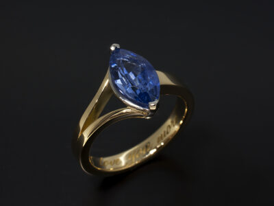 Ladies Sapphire Dress Ring, 18kt Yellow Gold and Platinum Claw Set Split Band Design, Marquise Cut Sapphire 1.76ct