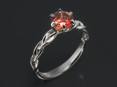 Ladies Sapphire Solitaire Ring, Platinum 6 Claw Lattice Crossover Design, Round Orange Sapphire 0.81ct.