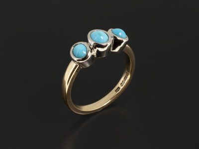 Ladies Semi Precious Trilogy Dress Ring, Platinum & 9kt Yellow Gold Rub over Set Design, Cabachon turquoise x3