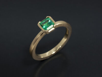 Ladies Solitaire Emerald Ring, 18kt Yellow Gold Partial Rub over Set Design, Asscher Cut Emerald 0.55ct