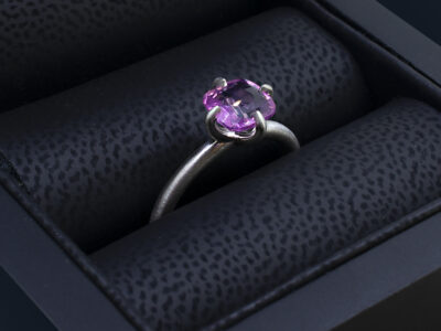 Ladies Solitaire Sapphire Ring, Platinum in a Brushed Finish, Pink Sapphire 4 Claw Design